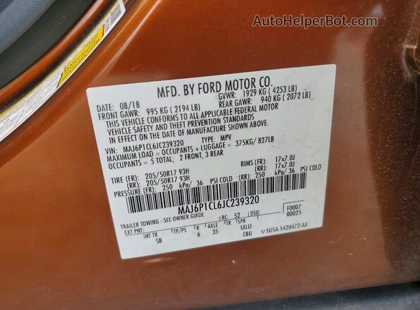 MAJ6P1CL6JC239320 2018 FORD ECOSPORT Burgundy VIN კოდის სტიკერის ხედი