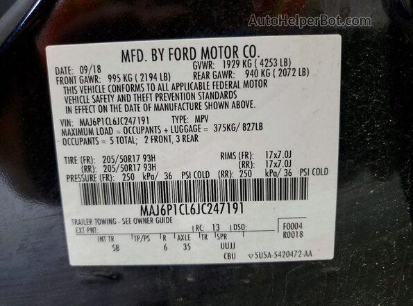 MAJ6P1CL6JC247191 2018 FORD ECOSPORT Black Панорамний вид салону 360°