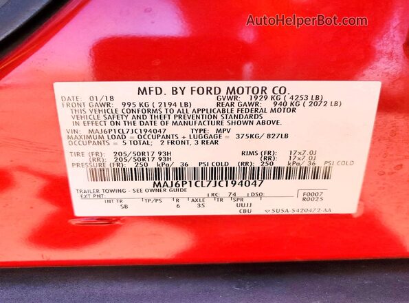 MAJ6P1CL7JC194047 2018 FORD ECOSPORT Red Vista interior de 360 grados