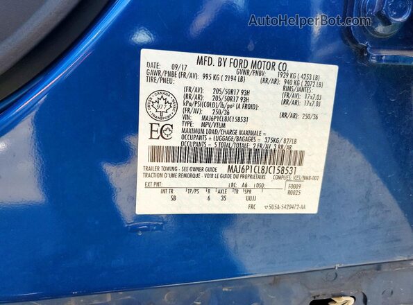 MAJ6P1CL8JC158531 2018 FORD ECOSPORT Blue Widok naklejki z numerem VIN