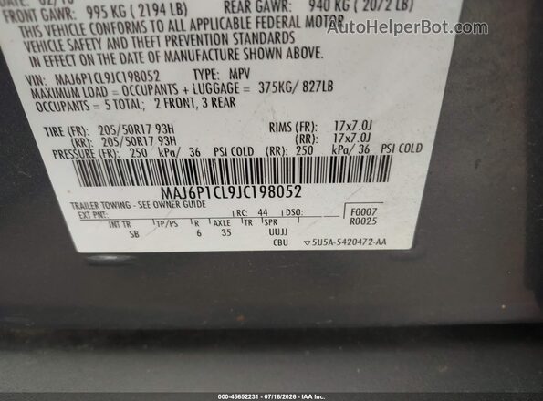 MAJ6P1CL9JC198052 2018 FORD ECOSPORT Gray Widok komory silnika