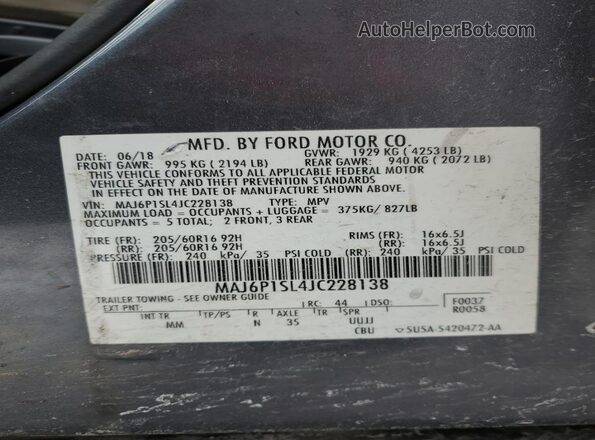 MAJ6P1SL4JC228138 2018 FORD ECOSPORT Gray VIN sticker view