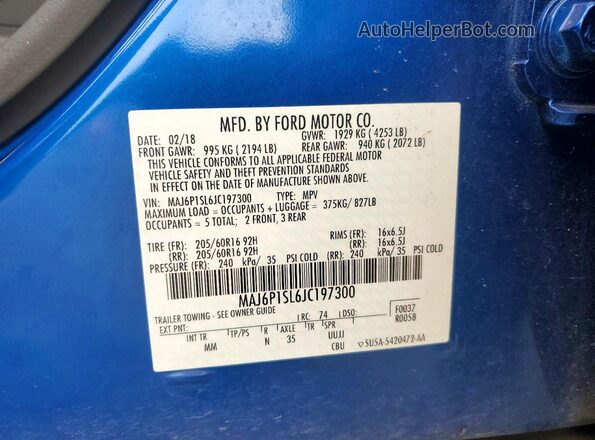 MAJ6P1SL6JC197300 2018 FORD ECOSPORT Blue VIN sticker view