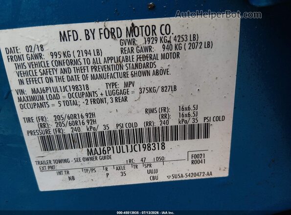 MAJ6P1UL1JC198318 2018 FORD ECOSPORT Blue Vista del compartimento del motor