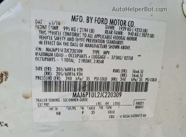 MAJ6P1UL2JC220309 2018 FORD ECOSPORT Белый Вид наклейки с VIN-кодом