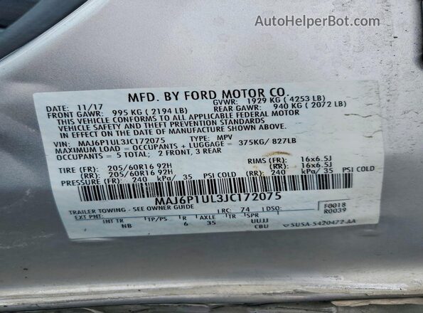 MAJ6P1UL3JC172075 2018 FORD ECOSPORT Silver Vista de la etiqueta del VIN
