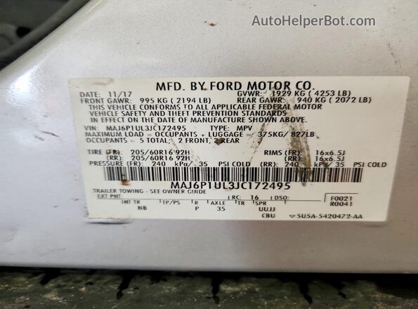 MAJ6P1UL3JC172495 2018 FORD ECOSPORT Серебряный Вид наклейки с VIN-кодом