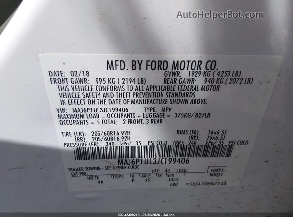MAJ6P1UL3JC199406 2018 FORD ECOSPORT White Widok komory silnika