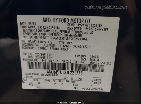 MAJ6P1UL3JC221775 2018 FORD ECOSPORT Black Engine compartment view