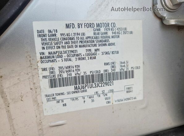 MAJ6P1UL3JC229021 2018 FORD ECOSPORT Серебряный Вид наклейки с VIN-кодом