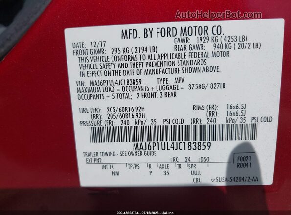 MAJ6P1UL4JC183859 2018 FORD ECOSPORT Red Widok komory silnika