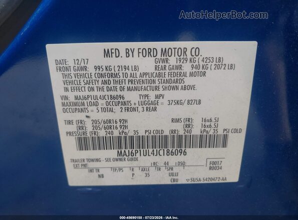 MAJ6P1UL4JC186096 2018 FORD ECOSPORT Blue Vista del compartimento del motor