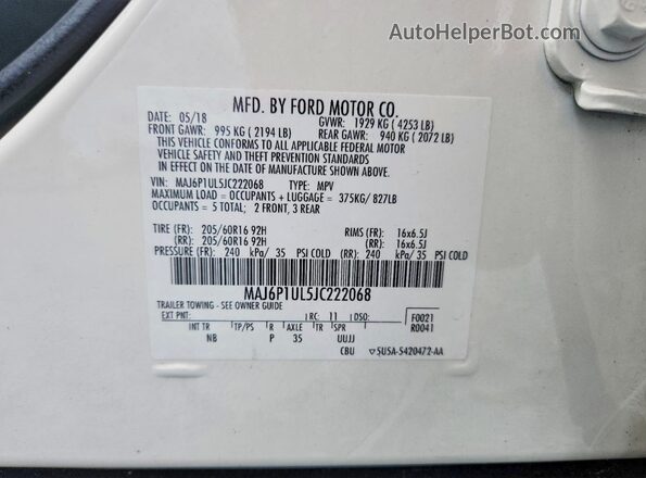 MAJ6P1UL5JC222068 2018 FORD ECOSPORT White Սալոնի 360 աստիճան տեսք