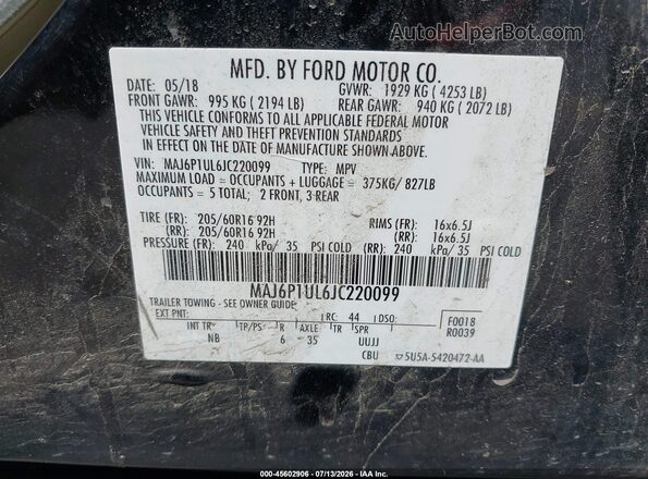 MAJ6P1UL6JC220099 2018 FORD ECOSPORT Black Widok komory silnika