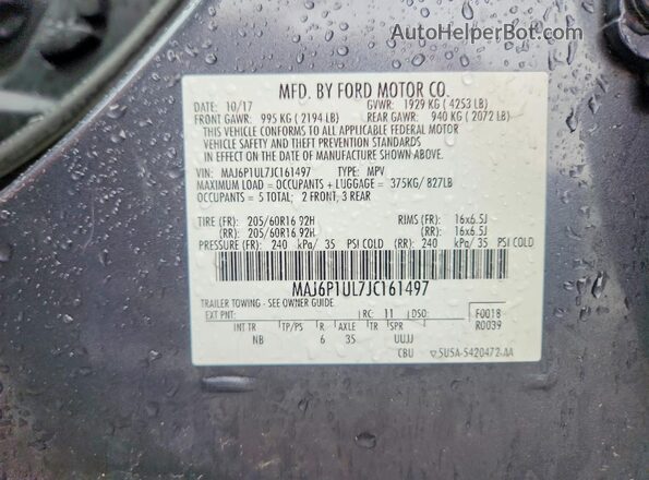 MAJ6P1UL7JC161497 2018 FORD ECOSPORT Gray Вид наклейки з VIN-кодом