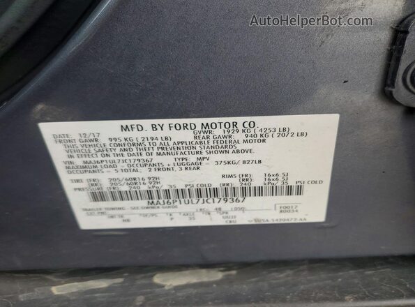 MAJ6P1UL7JC179367 2018 FORD ECOSPORT Угольный Вид наклейки с VIN-кодом