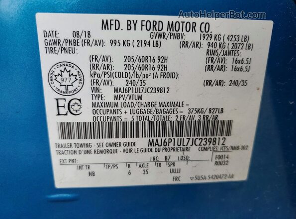MAJ6P1UL7JC239812 2018 FORD ECOSPORT Blue Vista interior de 360 grados