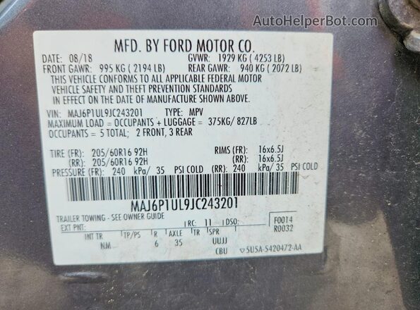 MAJ6P1UL9JC243201 2018 FORD ECOSPORT Gray VIN sticker view