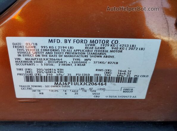 MAJ6P1ULXJC206464 2018 FORD ECOSPORT Orange VIN კოდის სტიკერის ხედი