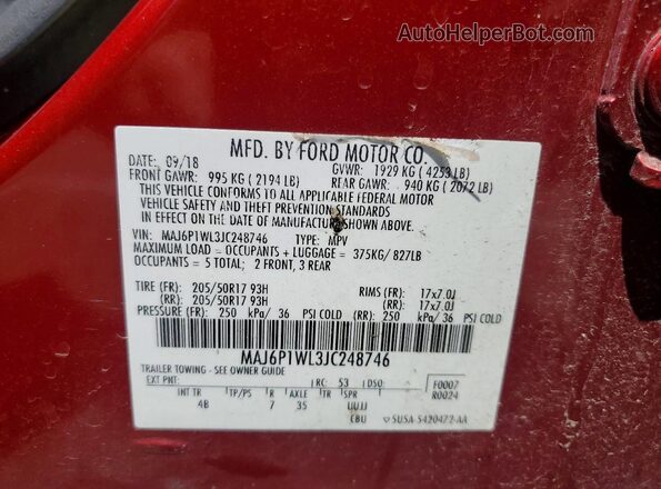 MAJ6P1WL3JC248746 2018 FORD ECOSPORT Красный Вид наклейки с VIN-кодом