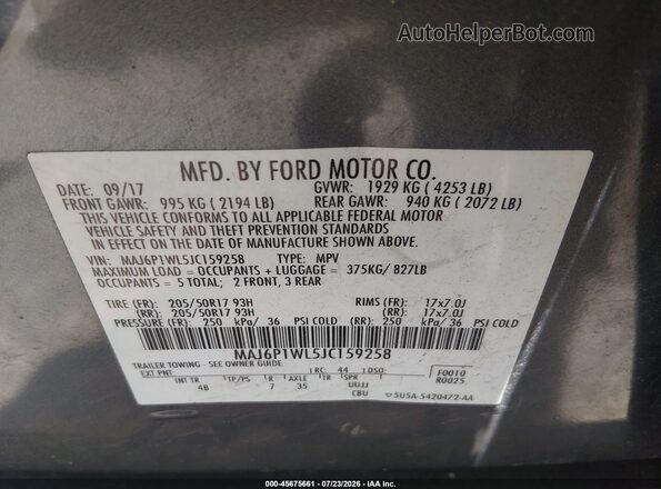 MAJ6P1WL5JC159258 2018 FORD ECOSPORT Серый Вид подкапотного пространства