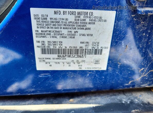 MAJ6P1WL5JC206871 2018 FORD ECOSPORT Blue Vista del compartimento del motor