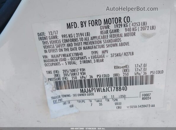 MAJ6P1WL6JC178840 2018 FORD ECOSPORT White Вид підкапотного простору
