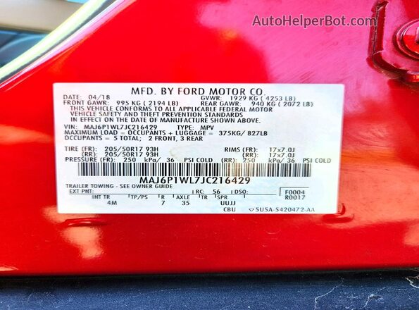 MAJ6P1WL7JC216429 2018 FORD ECOSPORT Красный Вид наклейки с VIN-кодом