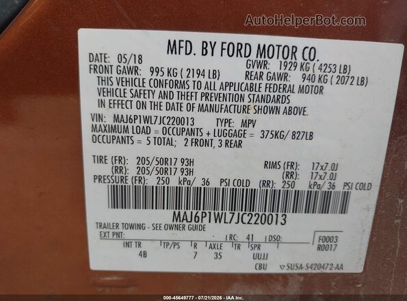 MAJ6P1WL7JC220013 2018 FORD ECOSPORT Orange Widok komory silnika