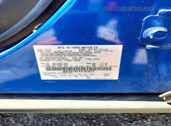 MAJ6P1WL9JC183627 2018 FORD ECOSPORT Blue Widok naklejki z numerem VIN