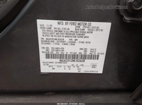MAJ6S3FL0MC403638 2021 FORD ECOSPORT Gray ძრავის განყოფილების ხედი