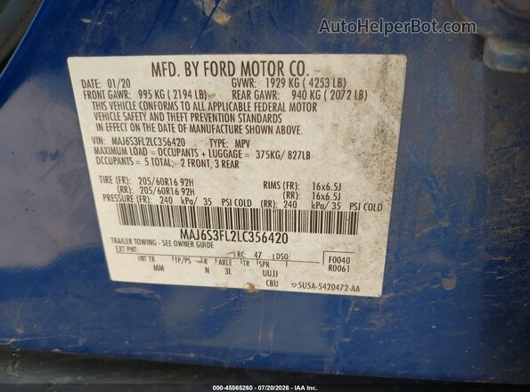 MAJ6S3FL2LC356420 2020 FORD ECOSPORT Синий Вид подкапотного пространства