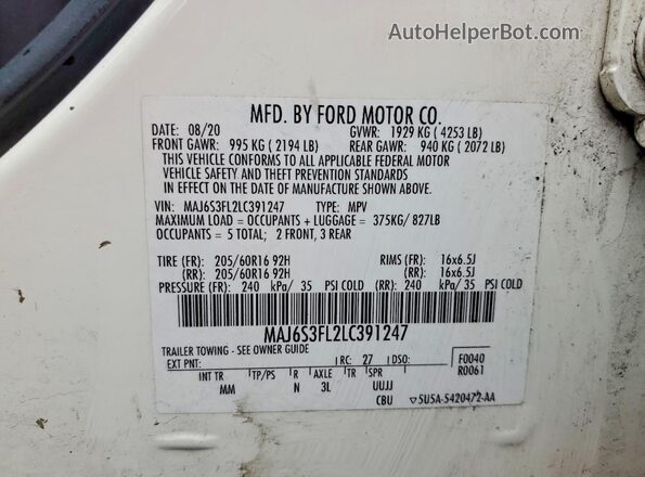 MAJ6S3FL2LC391247 2020 FORD ECOSPORT White Vista de la etiqueta del VIN