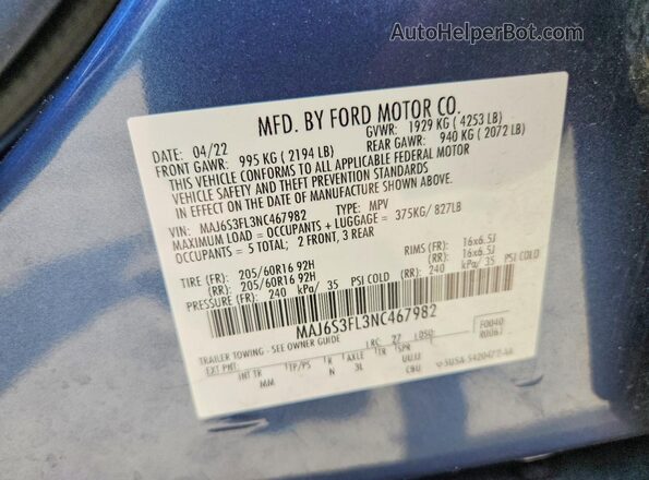 MAJ6S3FL3NC467982 2022 FORD ECOSPORT Charcoal Widok naklejki z numerem VIN
