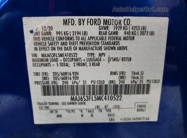 MAJ6S3FL5MC410522 2021 FORD ECOSPORT Blue Vista de la etiqueta del VIN