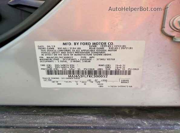 MAJ6S3FL7KC300052 2019 FORD ECOSPORT Silver VIN sticker view