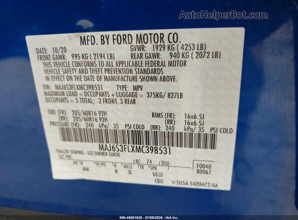 MAJ6S3FLXMC398531 2021 FORD ECOSPORT Blue Engine compartment view