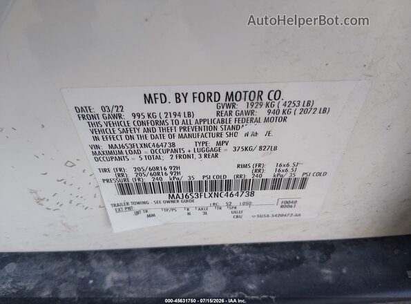 MAJ6S3FLXNC464738 2022 FORD ECOSPORT Белый Вид подкапотного пространства