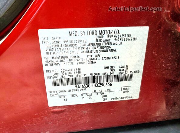 MAJ6S3GL0KC290656 2019 FORD ECOSPORT Red Vista de la etiqueta del VIN