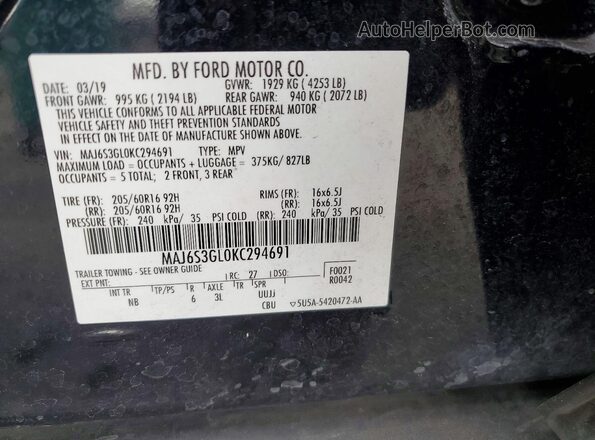 MAJ6S3GL0KC294691 2019 FORD ECOSPORT Black VIN კოდის სტიკერის ხედი