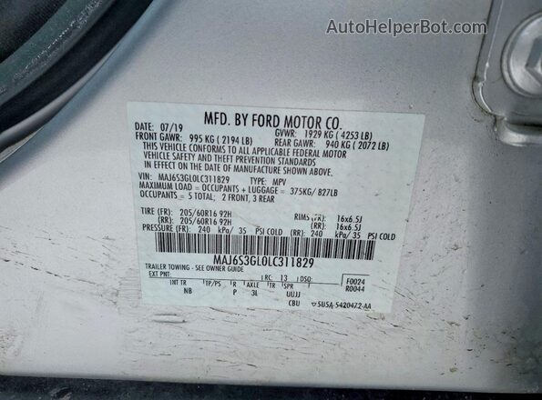 MAJ6S3GL0LC311829 2020 FORD ECOSPORT Silver Engine compartment view