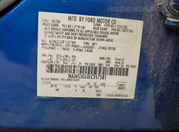 MAJ6S3GL0LC357581 2020 FORD ECOSPORT Blue Vista del compartimento del motor
