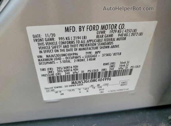 MAJ6S3GL0MC404996 2021 FORD ECOSPORT Silver VIN sticker view