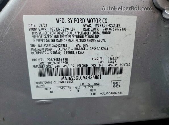 MAJ6S3GL0MC436881 2021 FORD ECOSPORT Silver Вид підкапотного простору