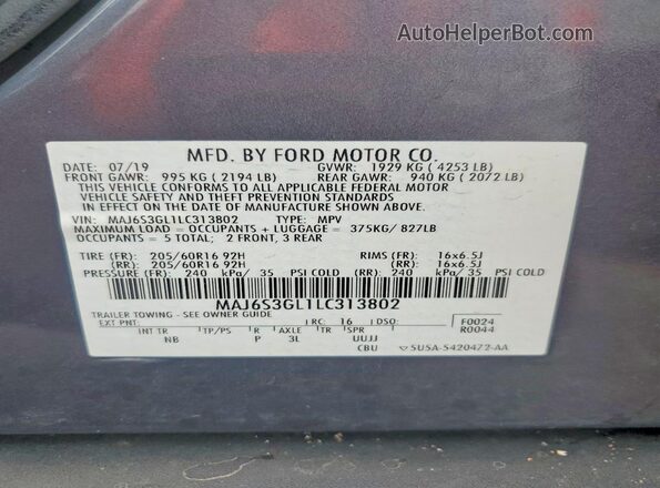 MAJ6S3GL1LC313802 2020 FORD ECOSPORT Blue VIN կոդի պիտակի տեսք