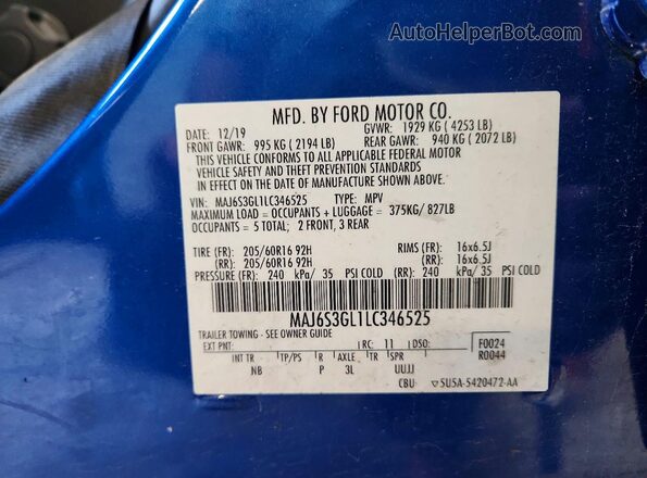 MAJ6S3GL1LC346525 2020 FORD ECOSPORT Blue VIN sticker view