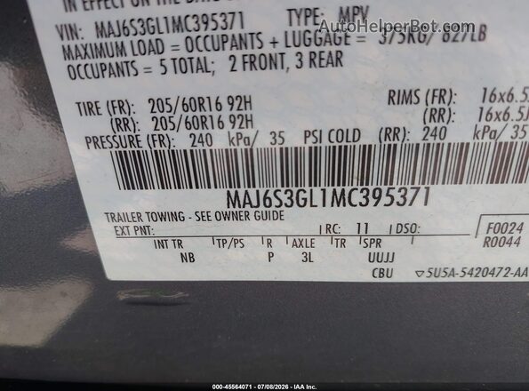 MAJ6S3GL1MC395371 2021 FORD ECOSPORT Gray Engine compartment view