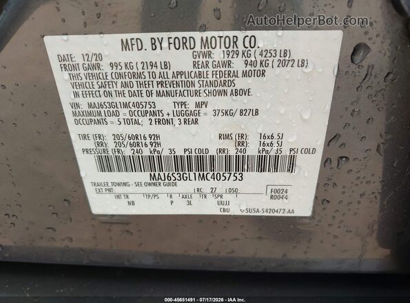 MAJ6S3GL1MC405753 2021 FORD ECOSPORT Gray Շարժիչի բաժամունքի տեսք