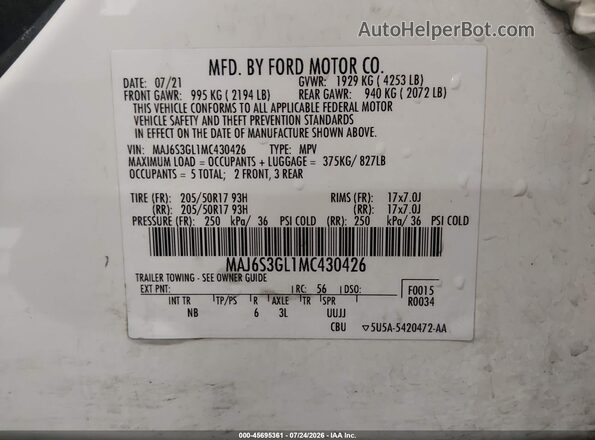 MAJ6S3GL1MC430426 2021 FORD ECOSPORT White Widok komory silnika