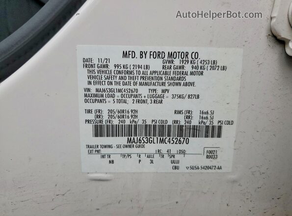 MAJ6S3GL1MC452670 2021 FORD ECOSPORT White Widok naklejki z numerem VIN